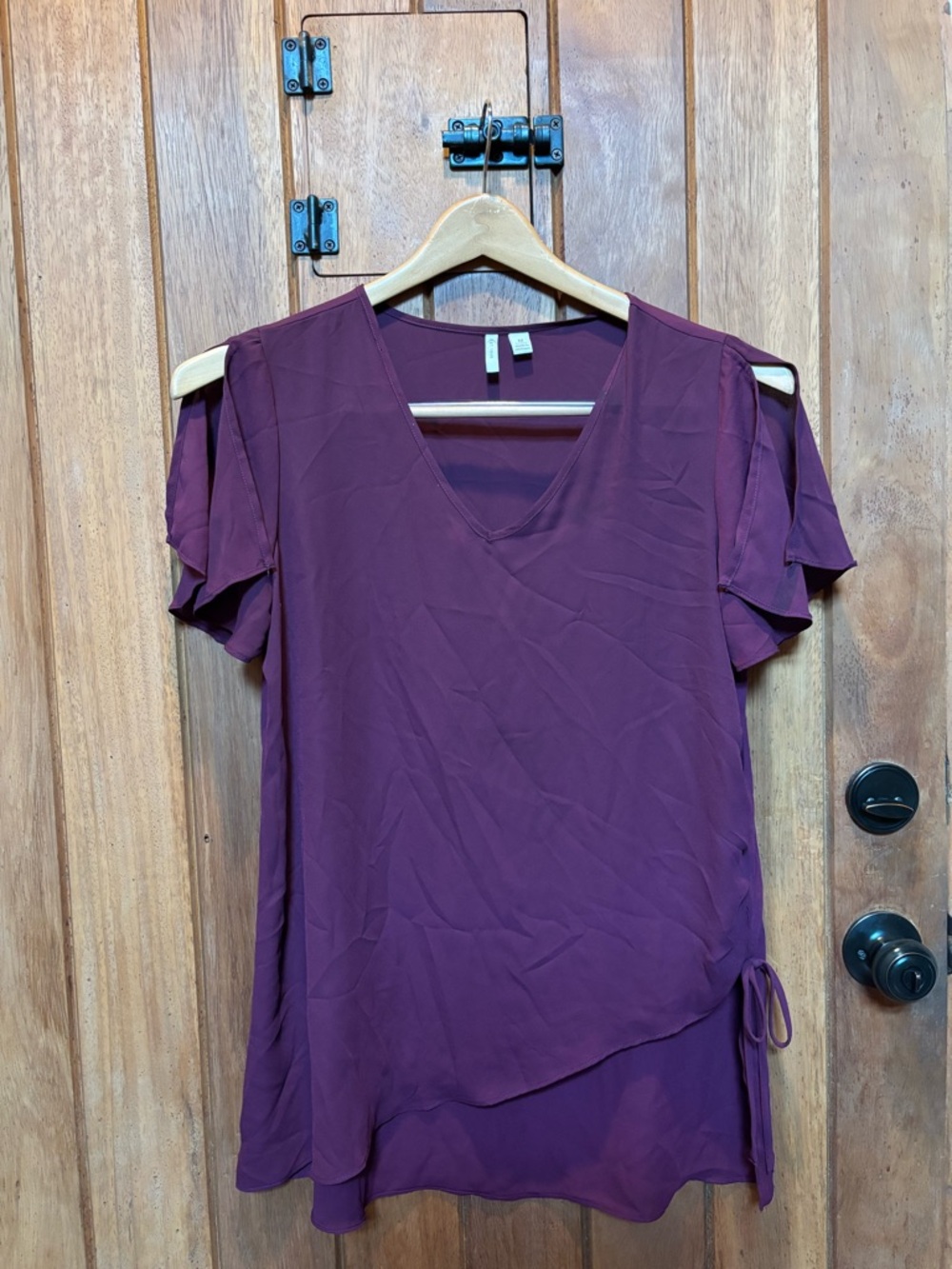 Wine Cold-Shoulder V-Neck Blouse